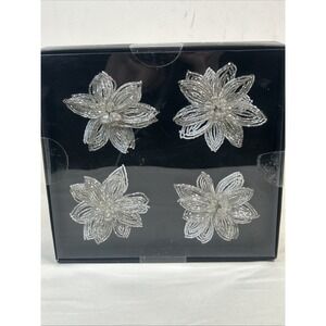 NEW Tahari Poinsettia Napkin Rings Beaded Silver Christmas Holiday Set of 4